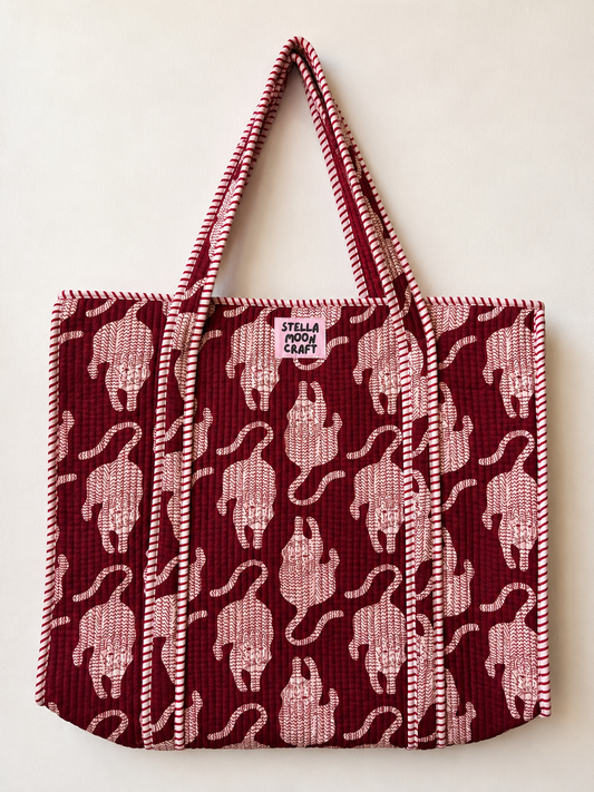 Burgundy & Cream Cat Tote