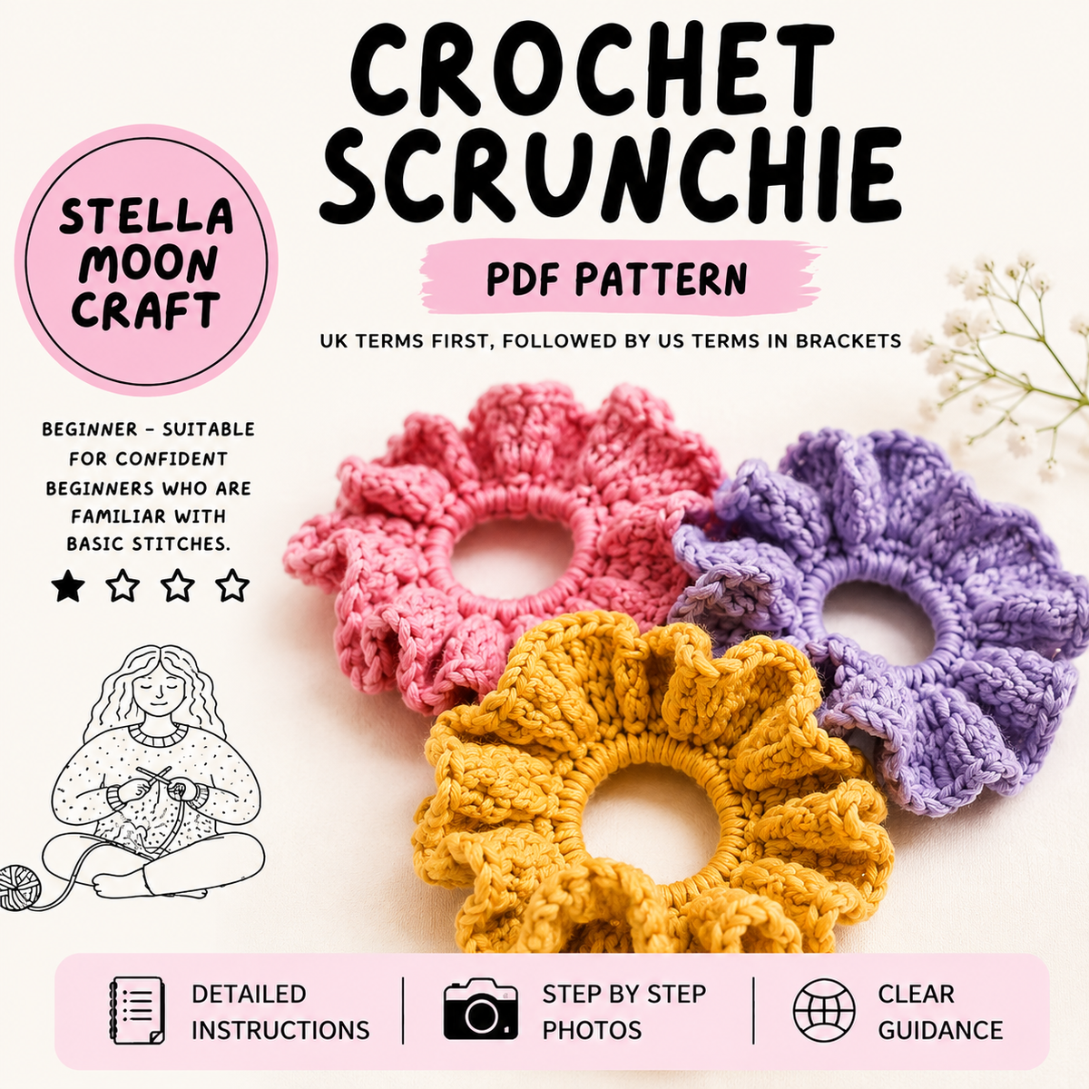 Crochet Scrunchie Pattern PDF | Easy Beginner Ruffle Hair Scrunchie Pattern (UK & US Terms)