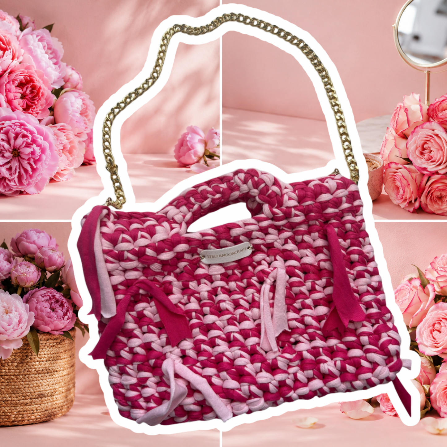 Handmade Crochet Handbag in Pink with Gold Chain
